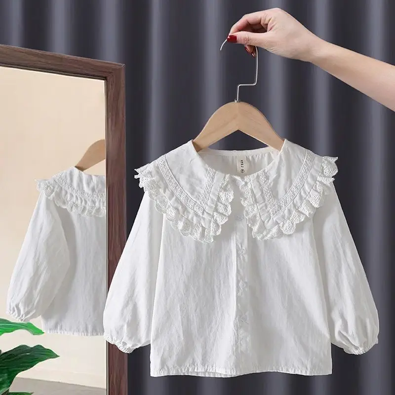 Lace Top White Blouse Spring Cotton Summer Shirt Korean Baby Long Sleeve Tops Shirts School Girls Blouses Camisas Embroidery New