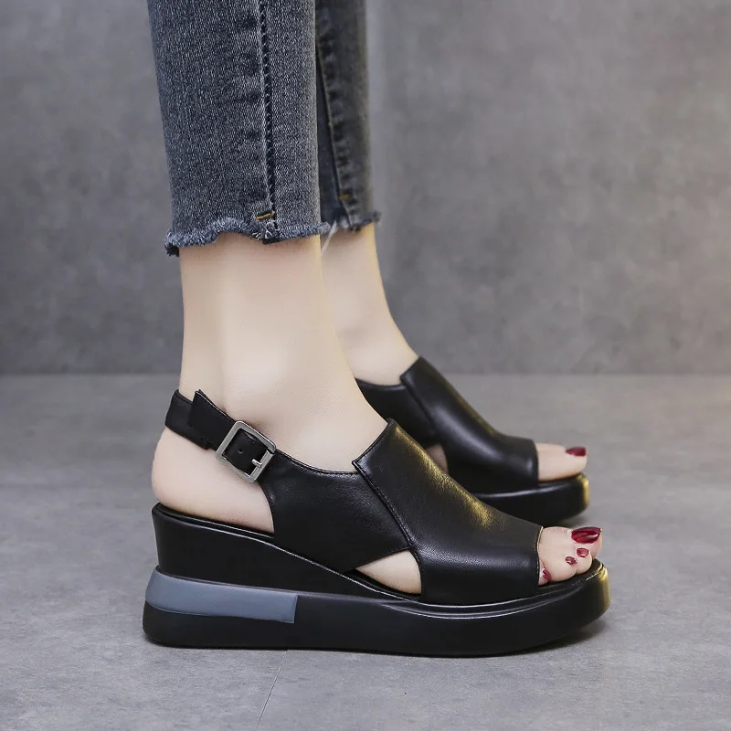 

Thick-soled wedge-heeled sandals women's summer outer wear 2022 one-word buckle slippers large size high-heeled sandals women