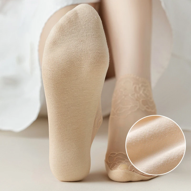 5Pair Cotton Women Lace Sock Summer Breathable Non-slip Shallow Boat Socks Lace Floral Invisible Socks Thin Short Sock for Women