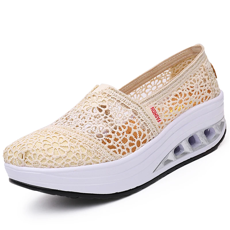 

2022 Woman Casual Shoes Women Hollow Floral Breathable Mesh Lace Casual Shallow Shoes Ladies Platform Thick Heel Sole Shoes