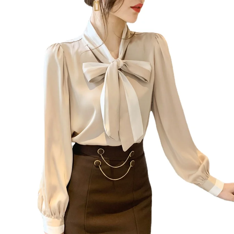 

New Spring and Autumn Loose Lantern Sleeves Thin Tops Plaid Print Tops Elegant Fashion Versatile Bow Chiffon Women's Clothes