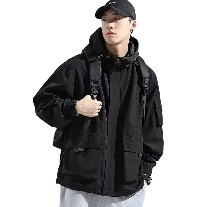 Мужская Осенняя ветрозащитная Черная куртка с капюшоном верхняя одежда тонкое
