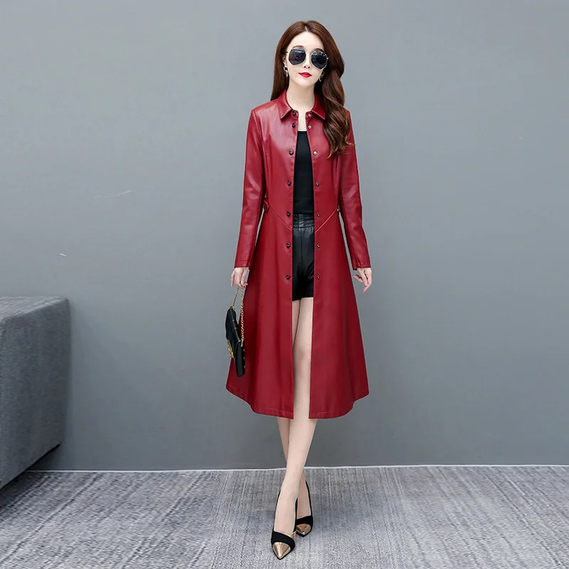 100% genuine real Autumn clothes New large size sheep clothing Women's fashion knee length versatile windbreaker Slim leather co