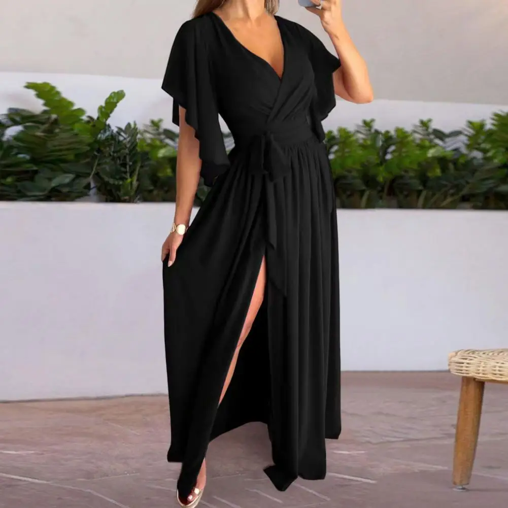 

40%HOTV-neck Flared Sleeve High-Waist Elegant Dress Waist Lace-up Side Split Hem Long Dress Party Clothing