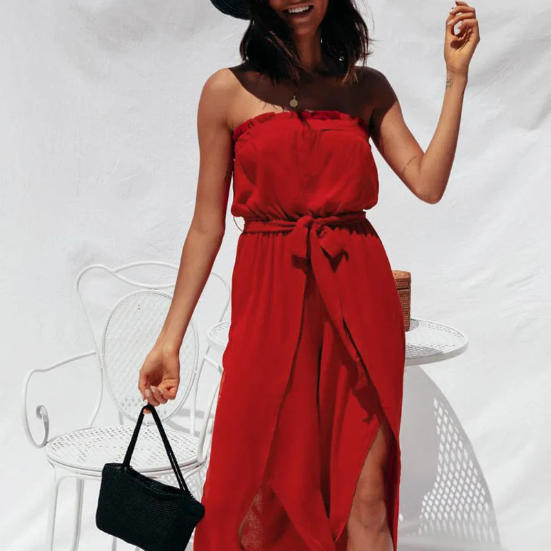

Casual Off Shoulder High Waist Lace Up Slit Wide Leg Pants Romper Onepieces Women Summer Sexy Loose Jumpsuit Overalls