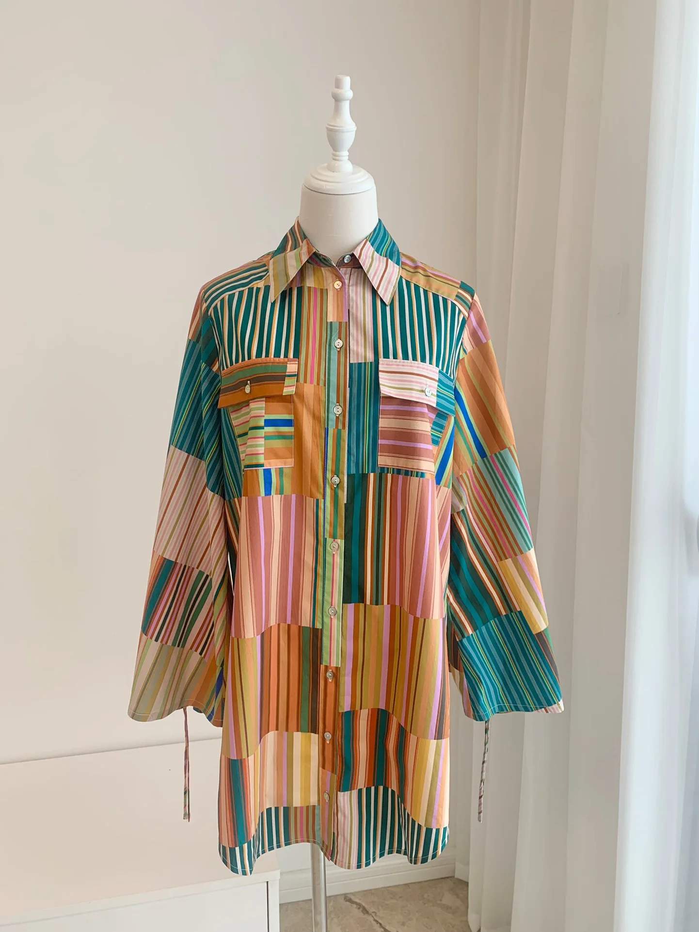 

Women Organic Cotton Colorful Stripesd Single Breasted Shirt Dress