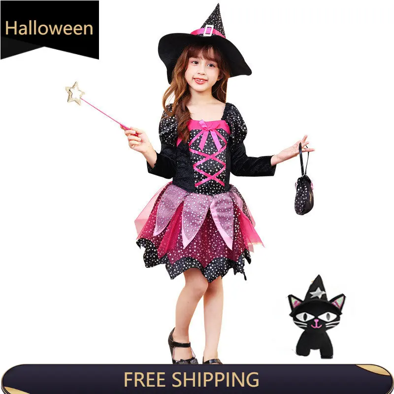 

Детский костюм ведьмы на Хэллоуин для девочек, блестящее Серебряное платье с принтом звезд для карнавала, косплея, с острым носком, женская одежда