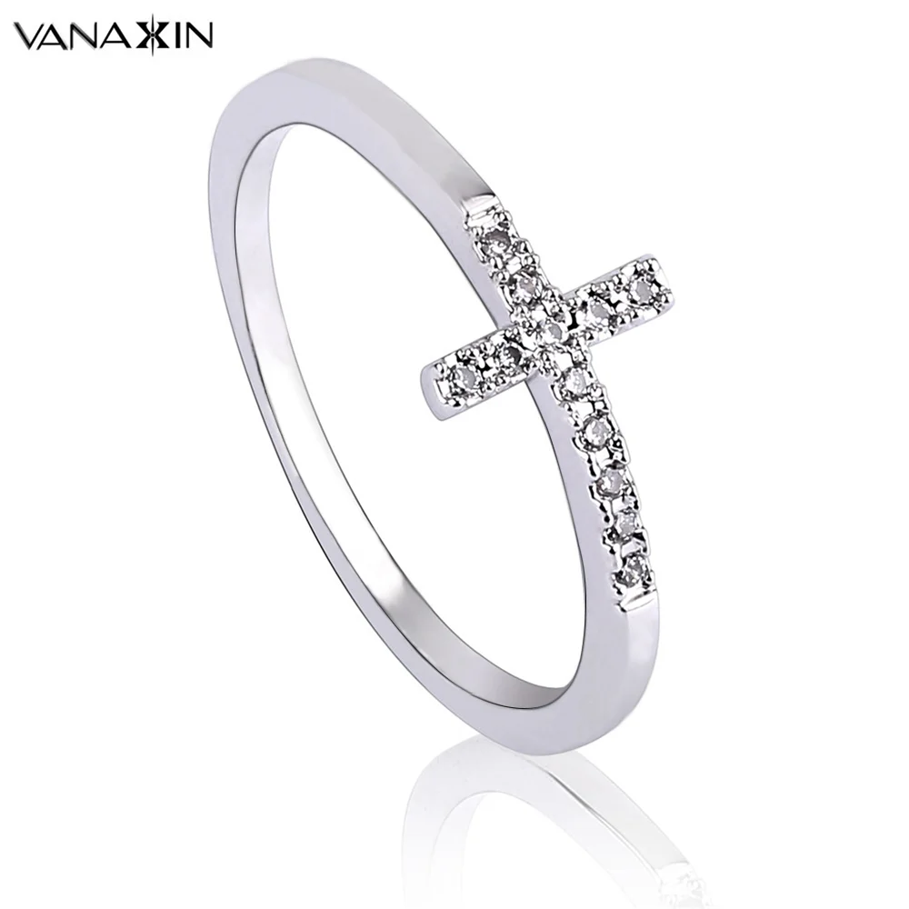 

VANAXIN Faith Cross Shape Finger Rings for Women White Clear AAA Cubic Zirconia Date Jewelry Gift Ladies Silver Color