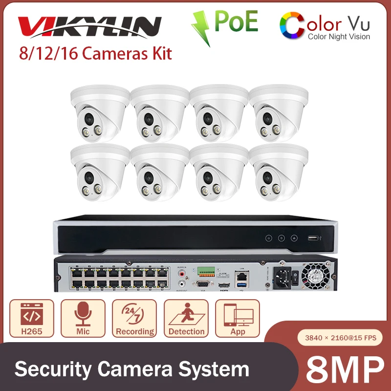

VIKLYN Camera Outdoor Security System 8MP Full Color Video Surveillance 16CH NVR Kit Built-in Mic IP67 POE CCTV Monitoring Set