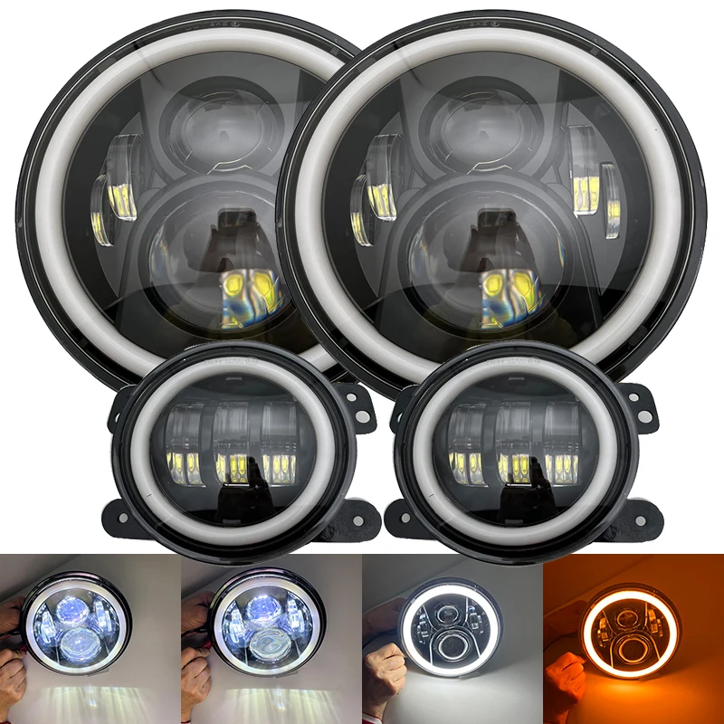 

2PCS 7"inch Round LED Headlights Halo Projector + 2PCS 4Inch Fog Passing Lamps For Jeep Wrangler JK 2007-2018 Car Accessories