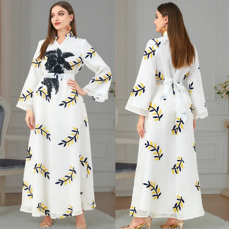Floral Embroidery Guipure Panel Belted Dress Stand Collar Long Sleeve Urban Casual Muslim Abaya Dress Dubai Party Dresses 2022