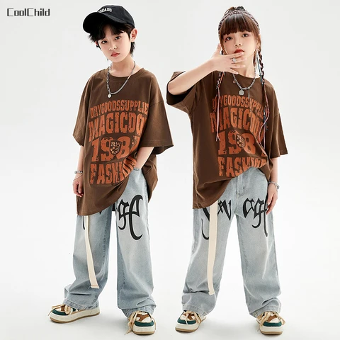 Футболка и джинсовые брюки для мальчиков и девочек, комплект одежды в стиле хип-хоп с принтом уличных танцев, модные костюмы из