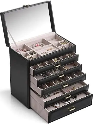 

Tier Large Jewelry Storage Box with Mirror, Huge Jewelry Box Organizer Storage of Necklace Ring Earring Bracelets Watches (White