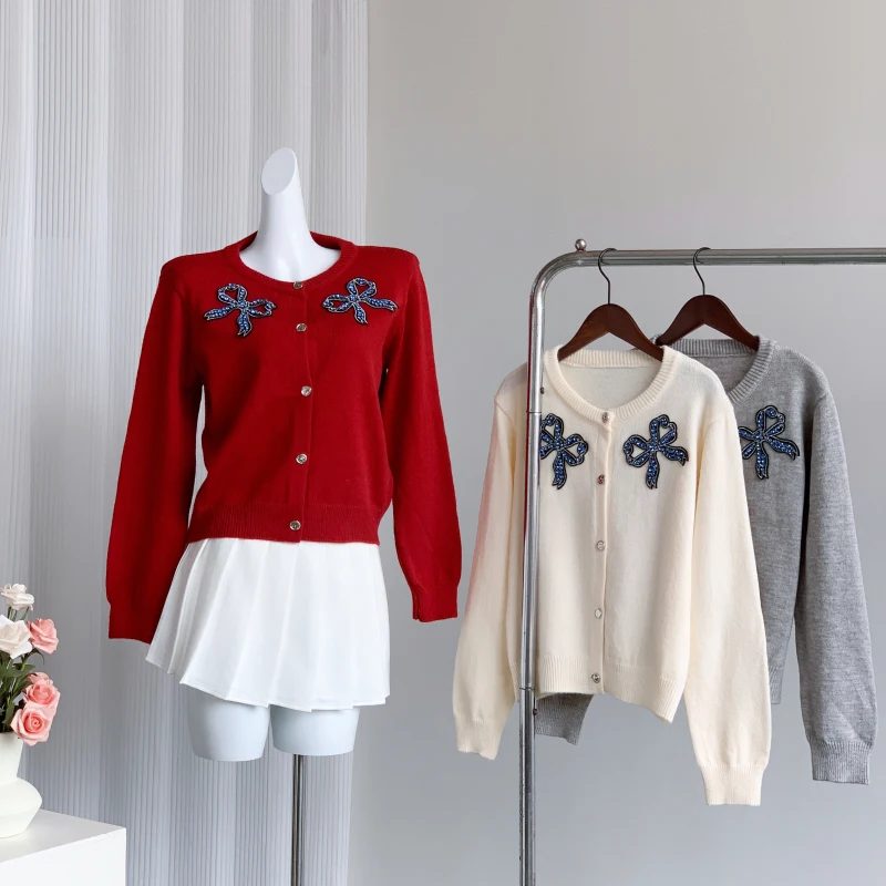 [ZOCI] Уникальный свитер с галстуком-бабочкой осенний однобортный вязаный кардиган