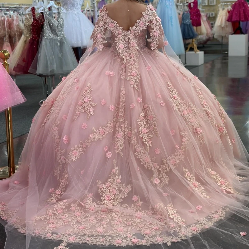Розовое блестящее платье для Quinceanera милое 15 16 бальное с цветочным орнаментом