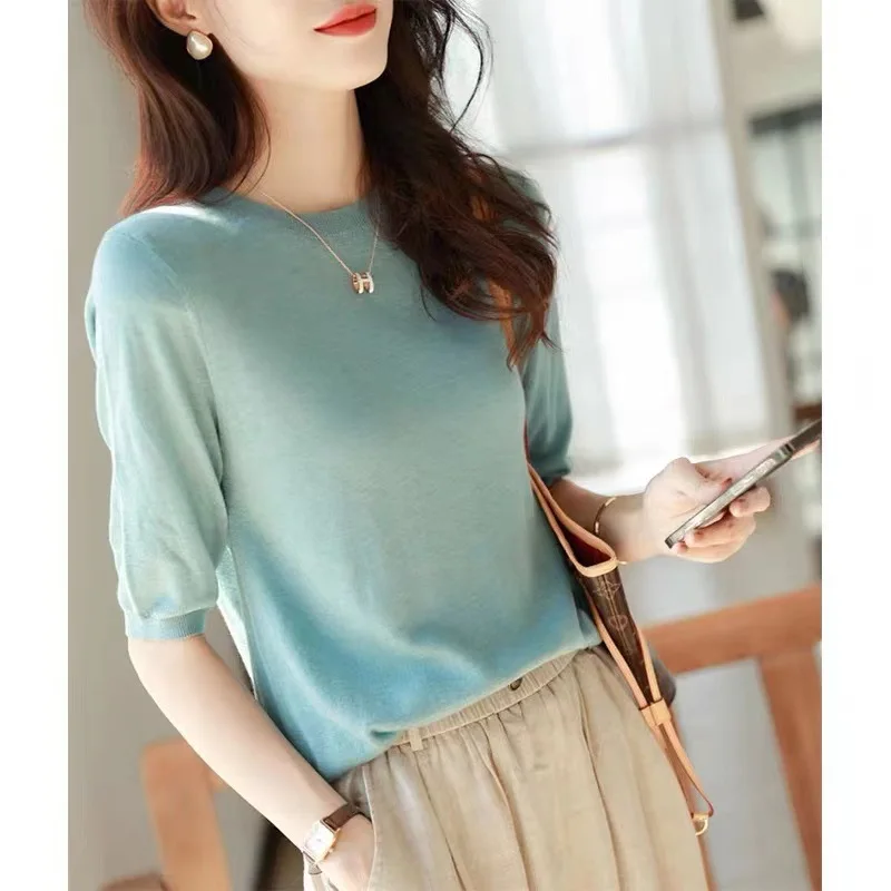 

2023 футболка с коротким рукавом тонкий вязаный Топ из вискозы темпераментная рубашка