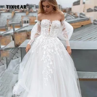 tixlear fashion puff sleeve wedding dress a line lace illusion tulle appliques sweetheart neck bridal gown off shoulder button