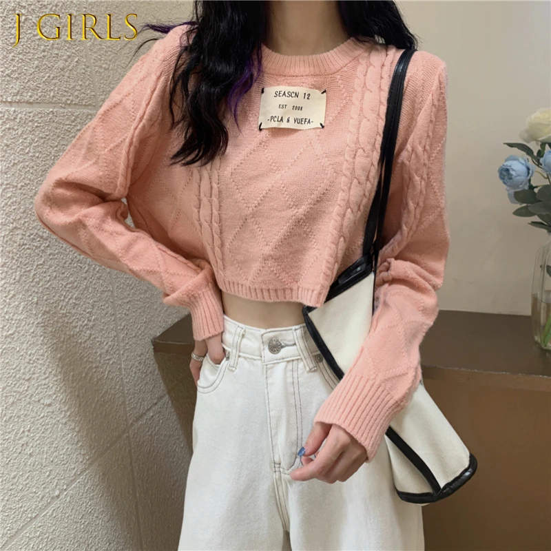 

J GIRLS Pullovers Womens Solid Crop Tops Candy Color Sweaters Knitted Twist Harajuku Long Sleeve Casual Trendy Female Students