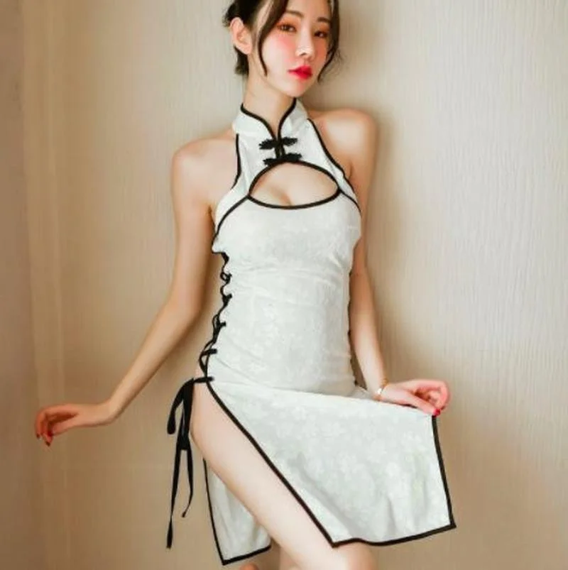 

2022 Sexy Lace Lingerie Sexy Temptation System Clothing Republic of China Split Hollow Cheongsam Sexy Dress Erotic Bondage Dress