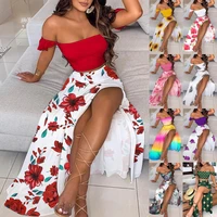 2022 summer slim flowers print beach vacation dress for women two piece set off shoulder dress bohemian dress women