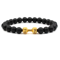 natural black lava stone dumbbell bracelet matte beads bracelet for men and women fitness barbell jewelry pulseras