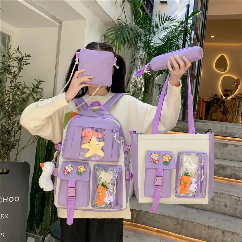 

Qyahlybz kawaii girls 4pcs backpack high school bag student korean backpacks children boys shoulder bags
