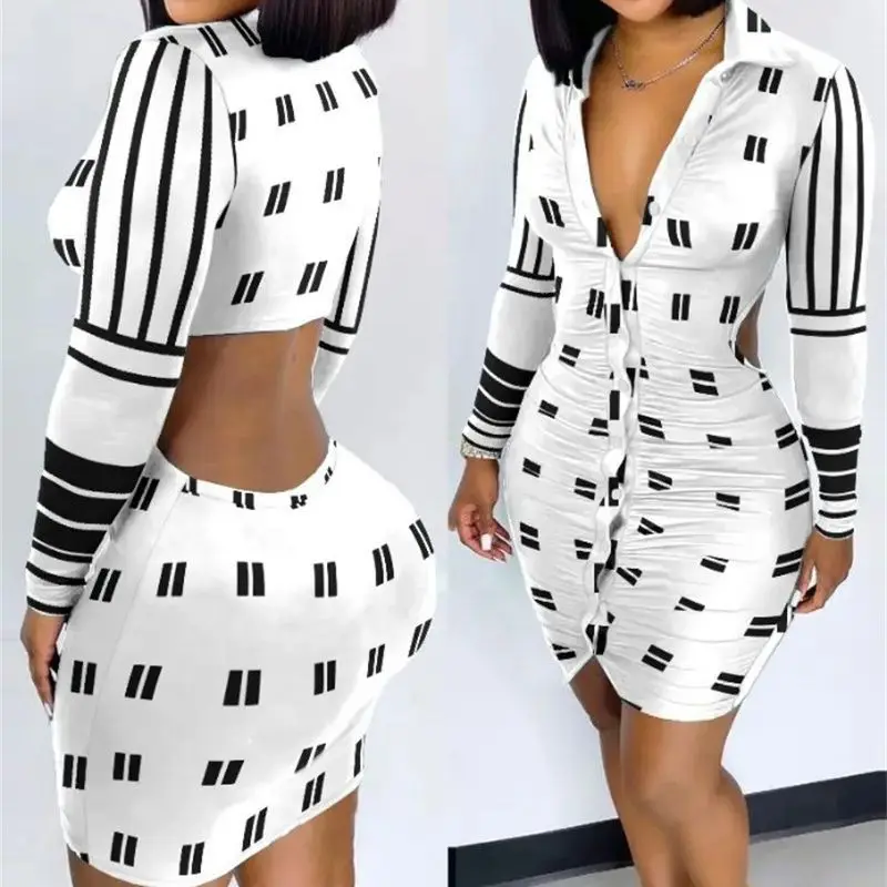 

Europe and the United States new waist sexy bag hip print long-sleeved women's dress