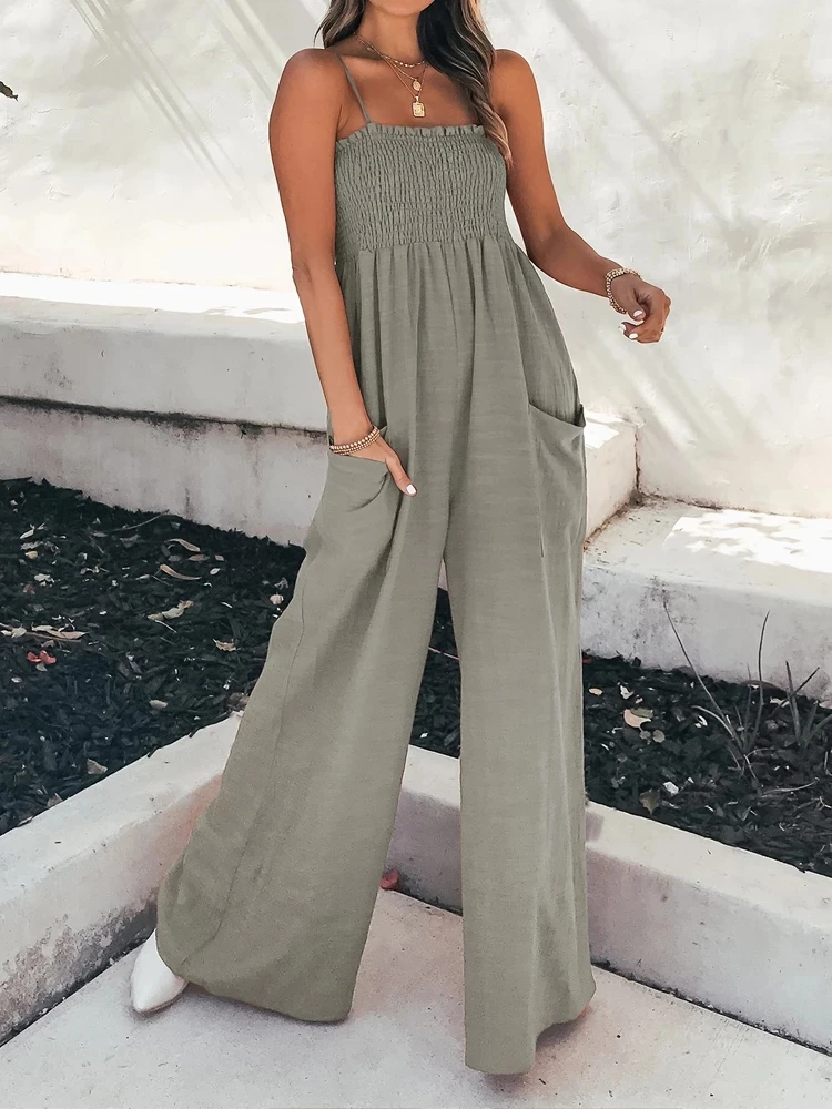 Women Sexy Suspenders Backless Jumpsuits Sleeveless Pocket Ruffles Bodycon Casual Wide Leg Pants Solid Color Ladies New Overalls