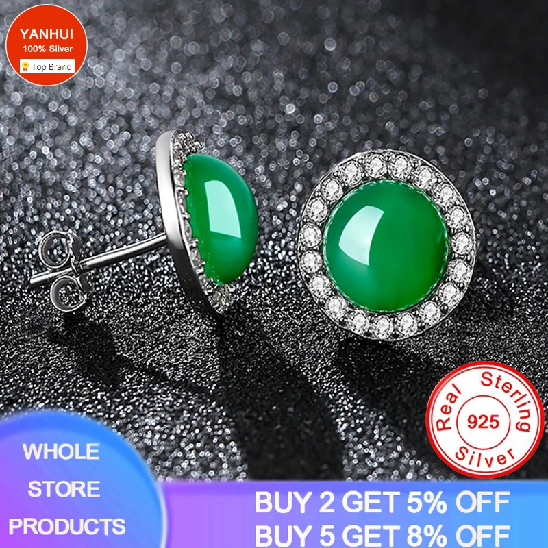 

YANHUI Original Tibetan Silver Emerald Jade Jewelry Earrings Natural Green Agate Chalcedony Zirconia Stud Earrings