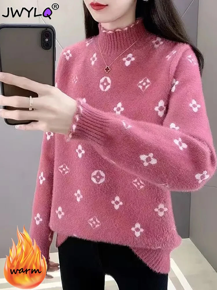 

Autumn Winter Half High Collar Flower Print Pullover Sweater Women Korean Fashion Plus Velvet Warm Knitted Sweater New Sweaters