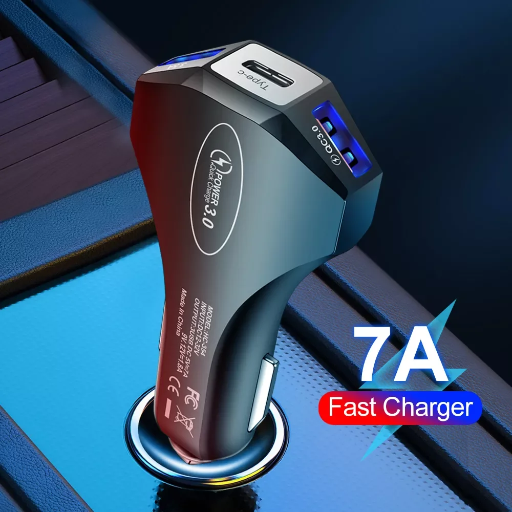 

7A Car Charger USB Type C PD Fast Charger Quick Charge 3.0 For iPhone 13 Samsung Xiaomi Huawei Car Charging Moible Phone Charger