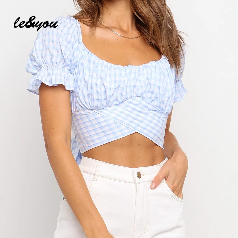 

Женская летняя Клетчатая блузка с квадратным воротником и рукавами-лепестками