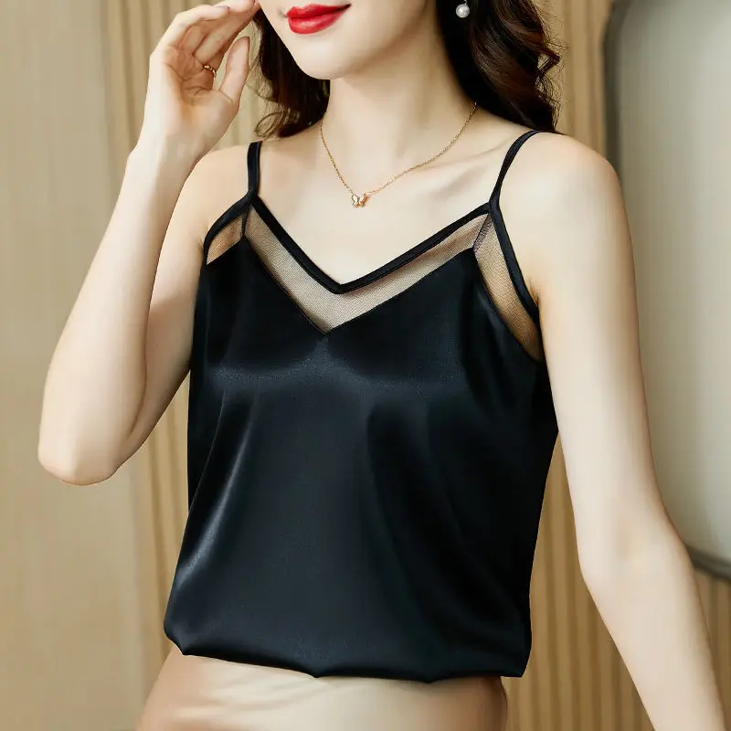 

Crop Top Cami Satin Women Thin Wild Solid Camis Vest Women Tank Tops Summer Sexy Strap Basic Tops Silk Sleeveless Camisole C93