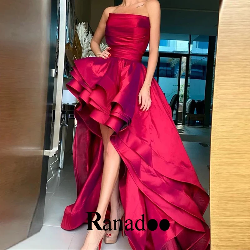 

High Low Strapless Evening Dresses A Line Sleeveless Arabic Formal Night Party Stain Court Train Lace Up Robe De Ball Stretch