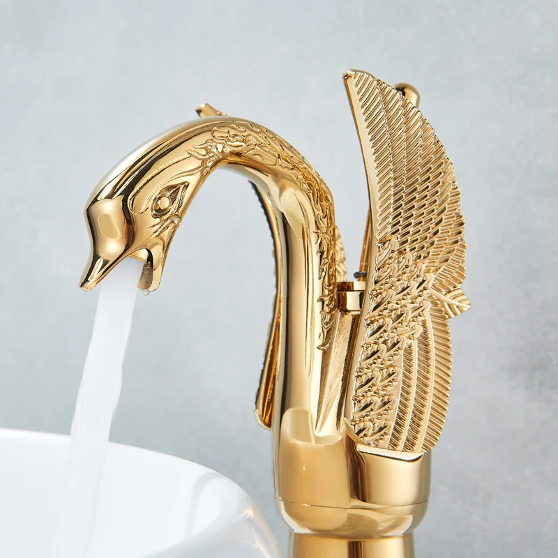 

Swan Shape GoldenBasin Sink Faucet Bathroom Countertop Centerset Basin Mixer Tap Chrome Single Handle Swan Cold Hot Water Faucet