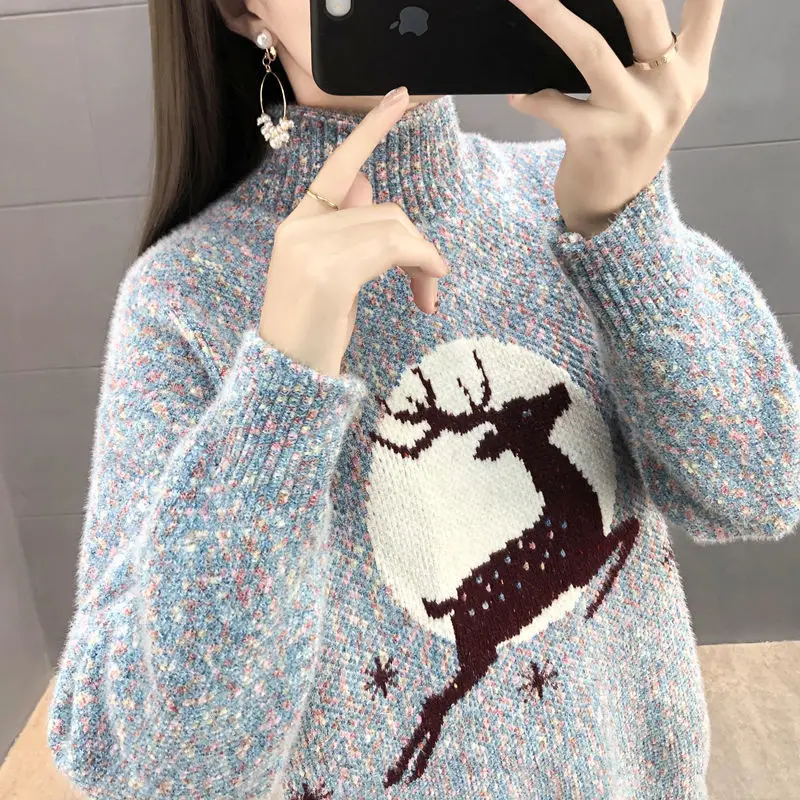 

Autumn Winter Christmas Elk Knitted Sweater Women Mink Thick Warm Sweater Women White Loose Knitted Pullovers Female Tops 2021