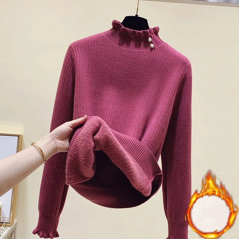 

Autumn Winter Women Thicken Pullover 2023 New Turtleneck Sweater Vintage High Quality Warm Mink Fleece Lining Knitted Sweaters