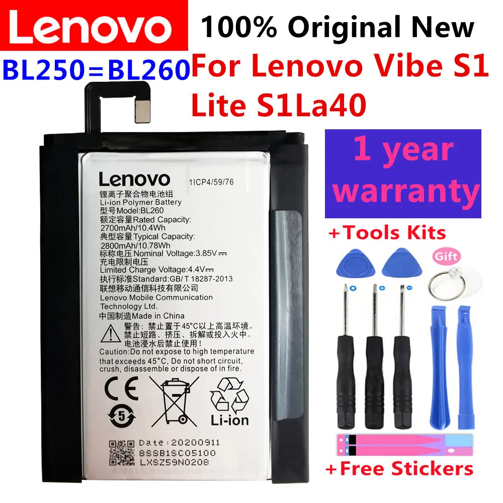 

100% Original New High Quality 2800mAh BL250 / BL260 Battery For Lenovo VIBE S1 S1c50 S1a40 S1 A40 +Tools Free