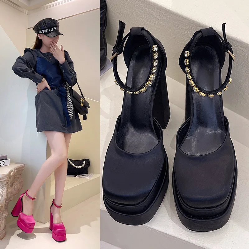 

SAVANAH Summer Waterproof Platform Square Head Hollow Thick Heel Silk High Heel Sandals Free Shipping Sandalias De Mujer