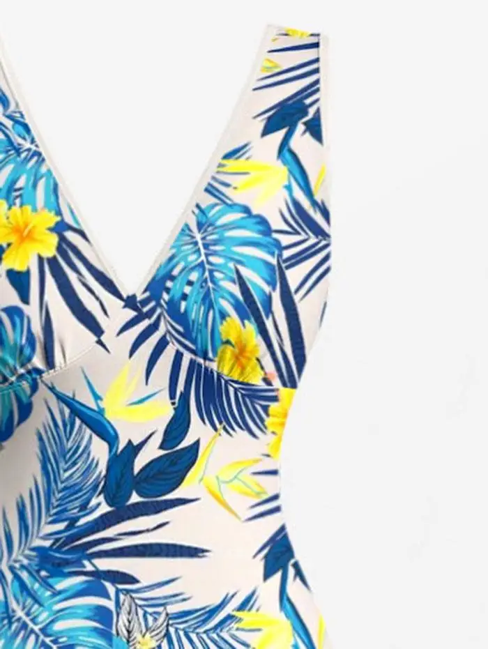 Женские гавайские платья-сарафаны 2026: Новинка лета, повседневные, с V-образным вырезом, принтом гибискуса и тропических листьев, с оборками и разрезом (art.: 3920d82dadace) - 3920d82dadace