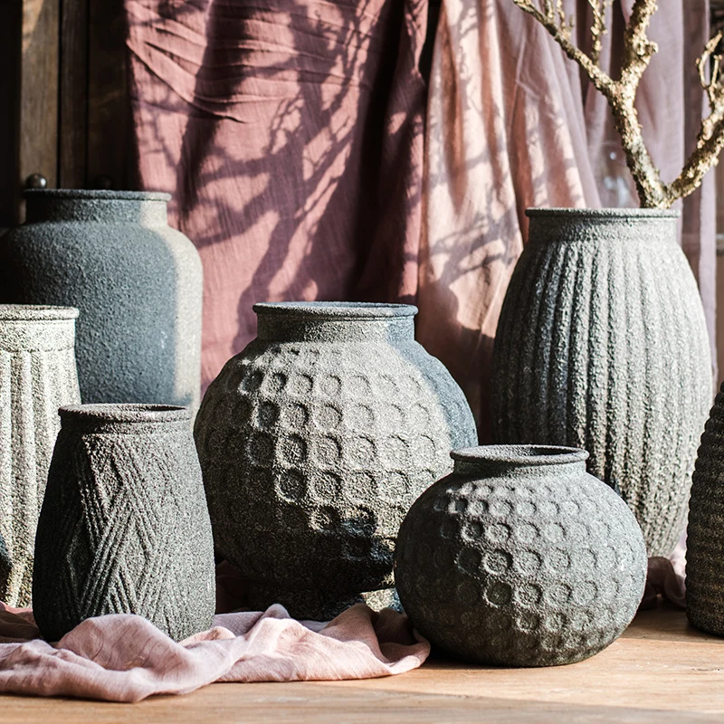 

Warring States Jar Art Glass Utensils Handmade Stone Artifact Effect Large Flowerpot and Flower Vase Ornaments Antique