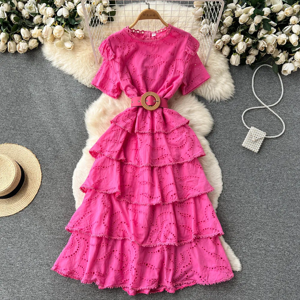 

Retro Hollow Cake Dress Women New Fashion Summer Round Neck Solid Color Short Sleeve Elegant Party Clothes Vestidos F384