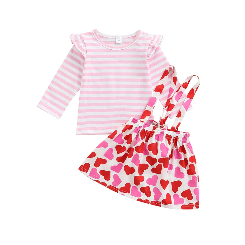 

Наряд для маленьких девочек, топы с длинным рукавом и круглым вырезом в полоску и юбка с принтом в виде сердца для малышей, новорожденных дев...