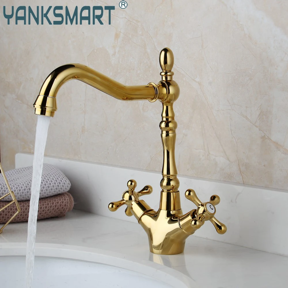 

YANKSMART Bathroom Basin Faucet Gold Bamboo Design Brass Tap Bateria Wannowa Retro Double Handle Faucets Deck Mounted Mixer Taps