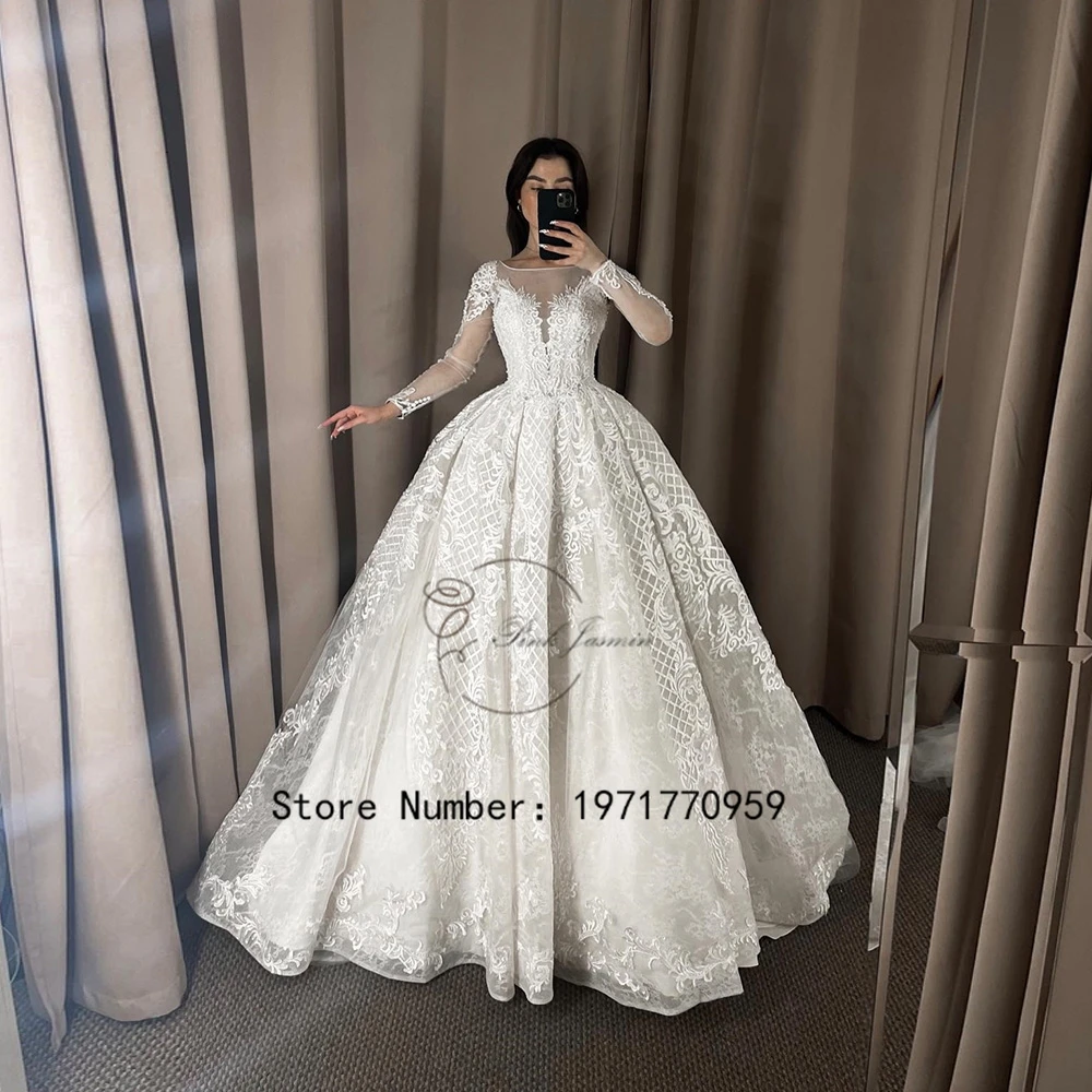 

Luxury O Neck Gorgerous Wedding Dresses For Women Full Sleeves Applique Elegant Lace Court Train Bridal Gowns With Soft Tulle