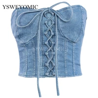 2022 fashion acrylic denim sexy bandage ruched strapless crop tops outside wearing push up bustier casual crop top
