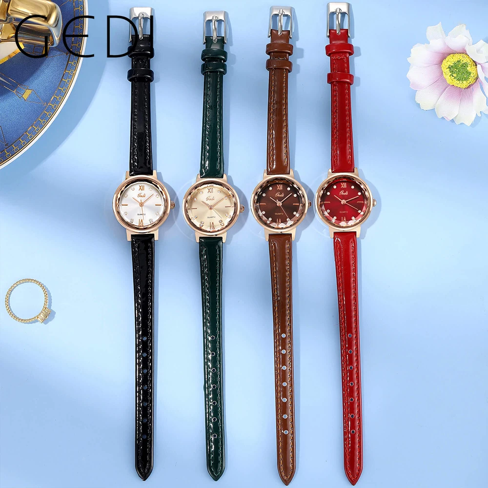 GEDI Retro Fashion Women Quartz Wrist Watches Luxury Brand Vintage Elegant Waterproof Leather Strap Ladies Clock Green Gold 2023
