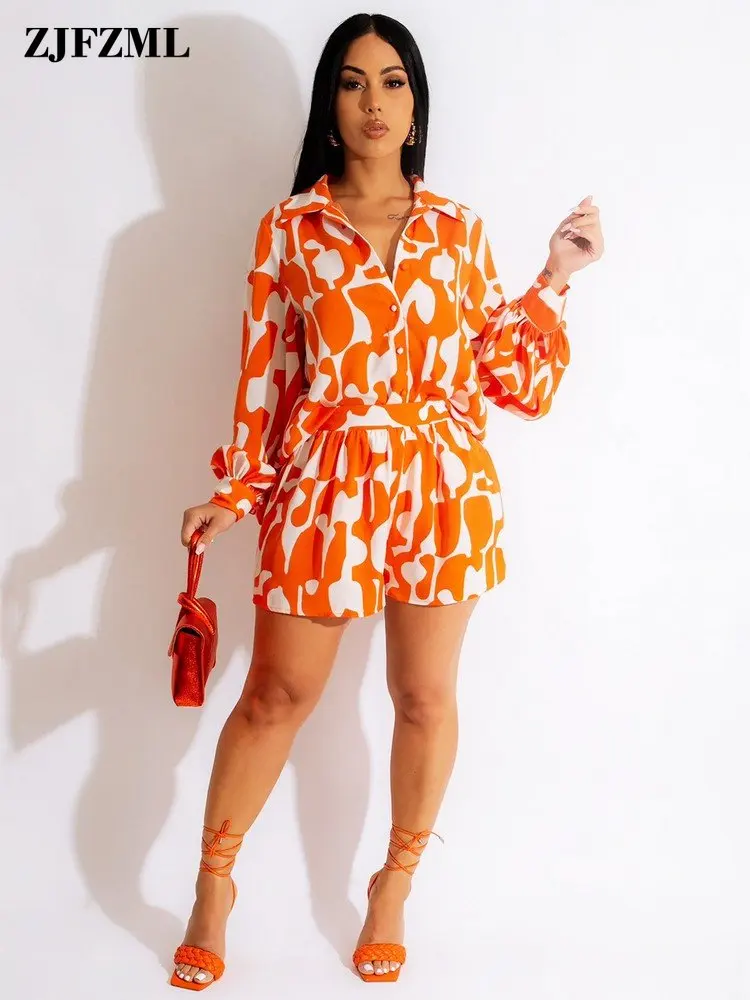 

Женский короткий костюм с геометрическим принтом, Классическая Свободная рубашка с отложным воротником, длинными рукавами, пуговицами и шортами с эластичной талией, подходящие комплекты