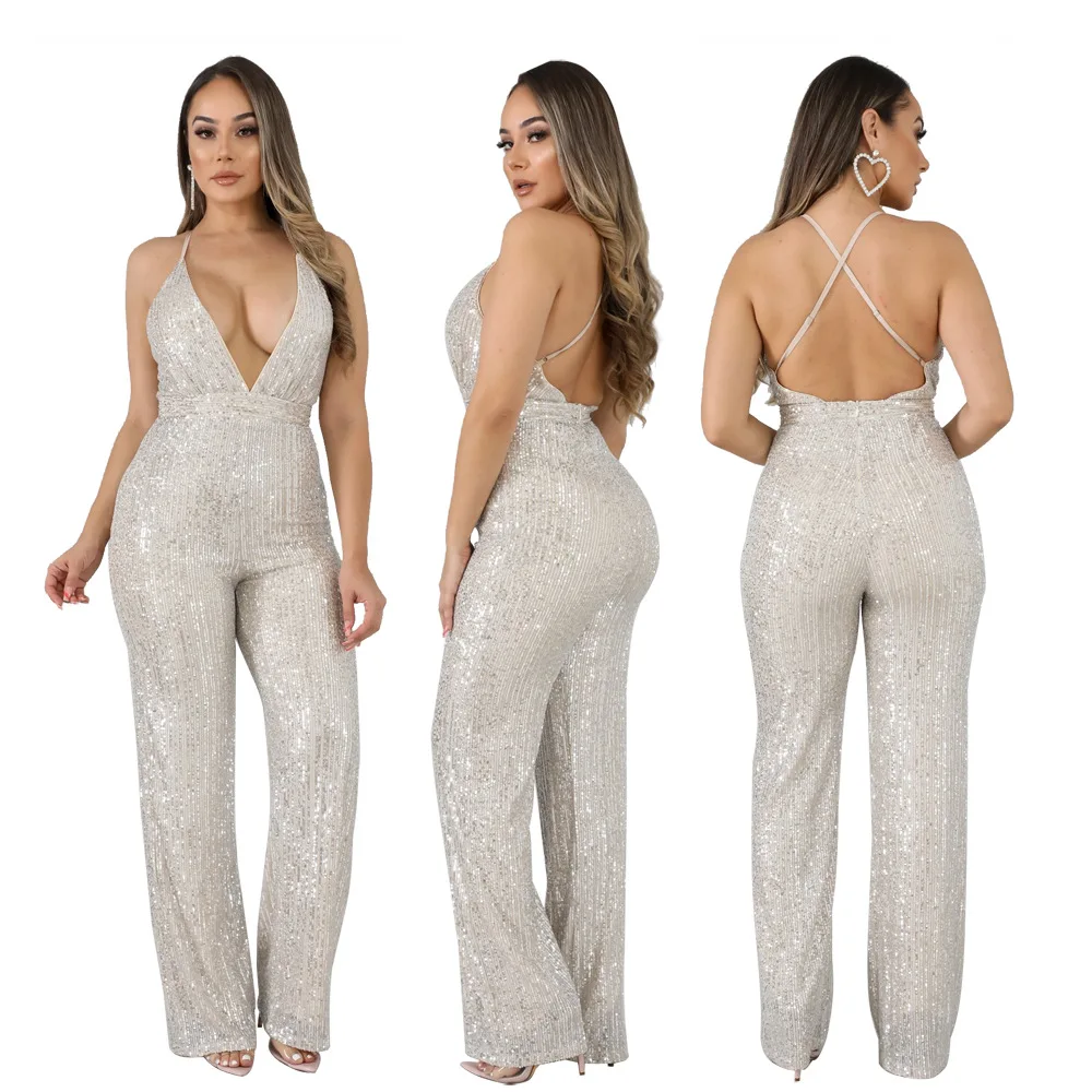 

Sparkly Sequin Jumpsuits Women Sexy Deep V Neck Sleeveless Backless Evening Party Bodysuit Glitter Fashion Loose Night Clubwear
