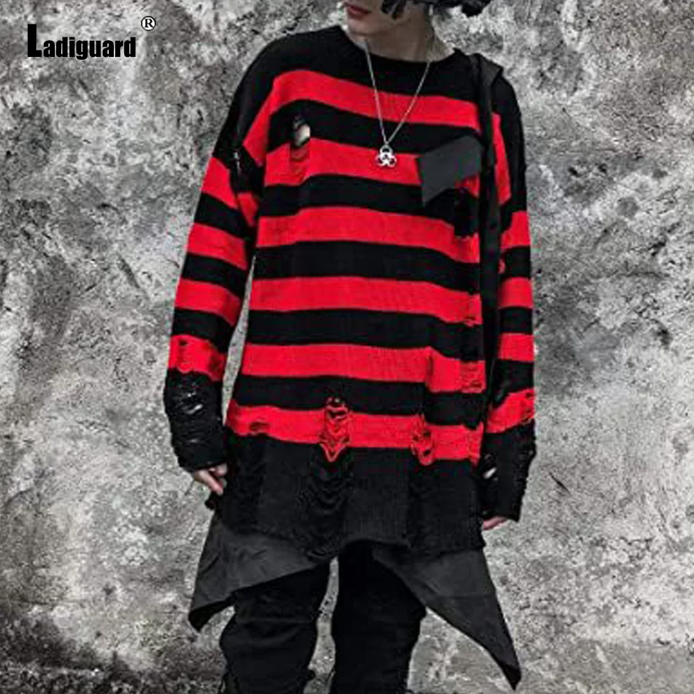 Ladiguard 2023 New Spring Casual Knitted Sweater Men Fashion Striped Tops Pullovers Punk Style Ripped Sweater Mens Clothing